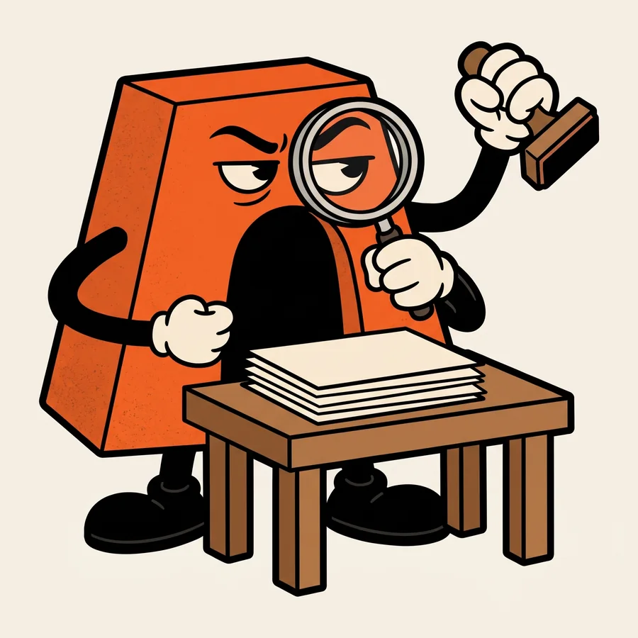 Illustration of Arch, the Arcabo Games mascot, at a review desk with a magnifying glass and a rubber stamp