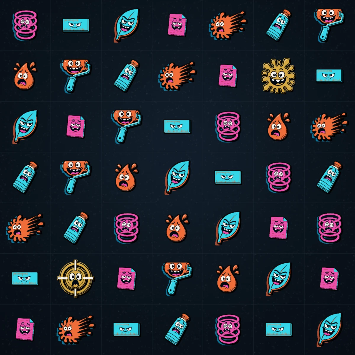 Inkfall development cluster board filled with the illustrated ink and stationery symbol set